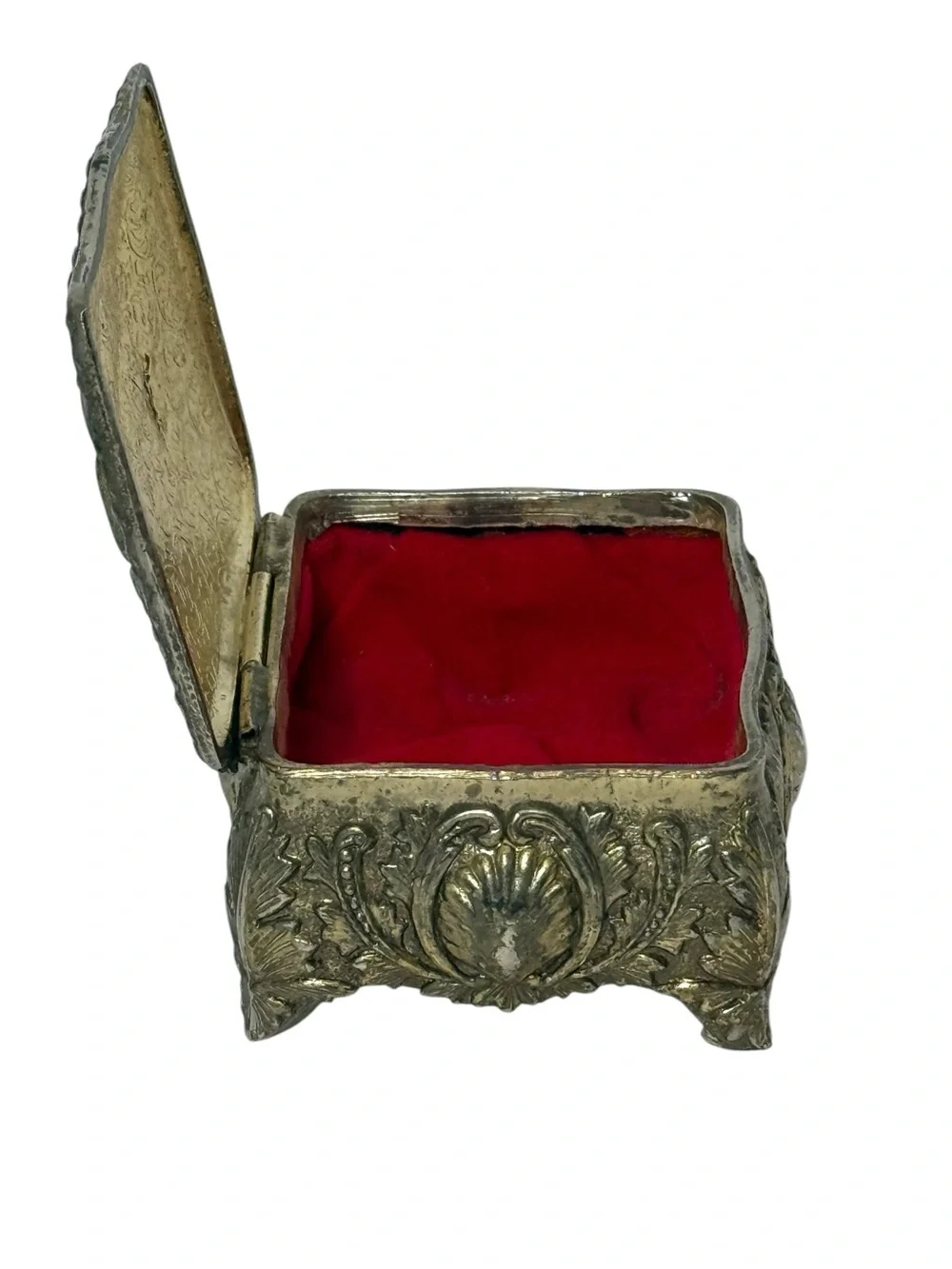 Vintage Repousse Metal Enamel Trinket Jewelry Box Courting Couple Made in Japan